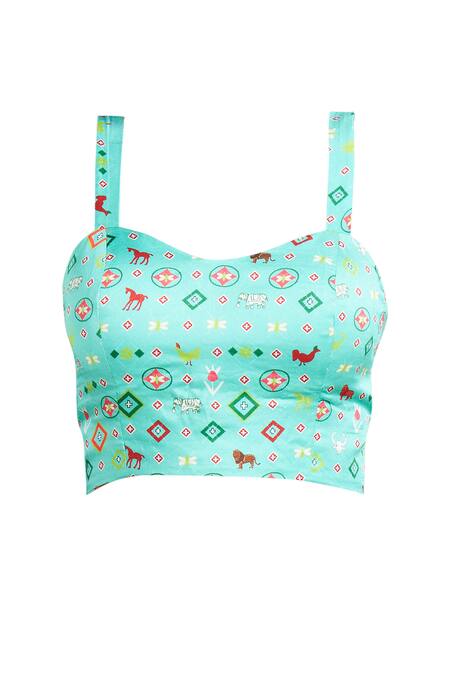 Shop_Gulabo By Abu Sandeep_Blue Modal, Satin Sweetheart Neck Animal Print Blouse _Online_at_Aza_Fashions