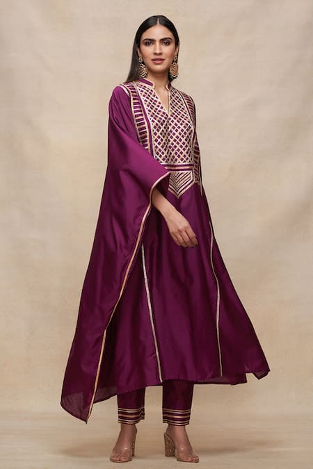 Buy Gulabo By Abu Sandeep Wine Chanderi Silk Gota Patti Mandarin Collar Embellished Kaftan Online at Aza Fashions Buy_Gulabo By Abu Sandeep_Wine Chanderi Silk Gota Patti Mandarin Collar Embellished Kaftan _Online_at_Aza_Fashions