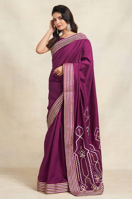 Gulabo By Abu Sandeep_Wine Chanderi Silk Gota Patti Embellished Saree _Online_at_Aza_Fashions