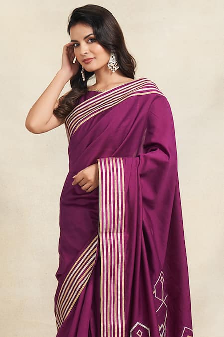 Buy_Gulabo By Abu Sandeep_Wine Chanderi Silk Gota Patti Embellished Saree _Online_at_Aza_Fashions