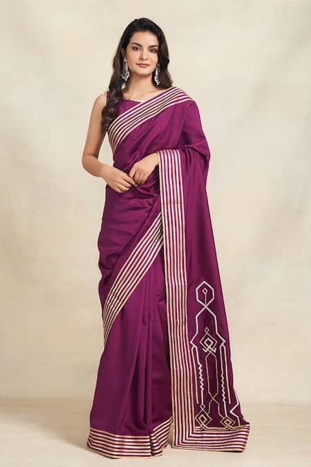 Shop_Gulabo By Abu Sandeep_Wine Chanderi Silk Gota Patti Embellished Saree _Online_at_Aza_Fashions