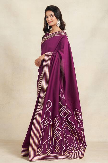 Gulabo By Abu Sandeep_Wine Chanderi Silk Gota Patti Embellished Saree _at_Aza_Fashions