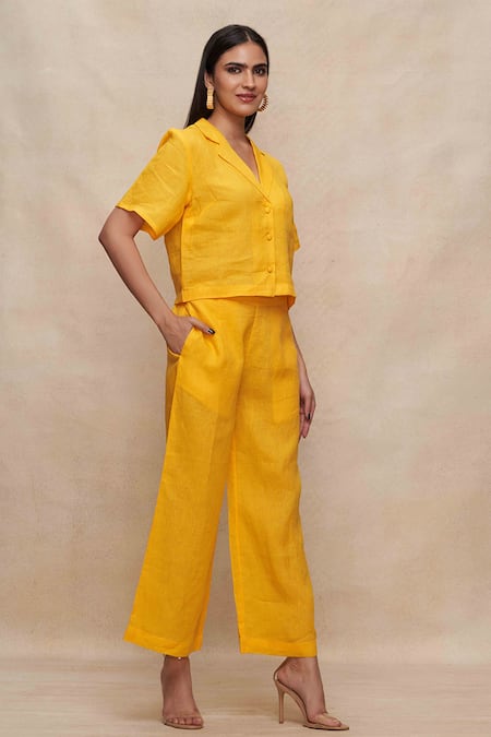 Buy_Gulabo By Abu Sandeep_Yellow Linen Collared Solid Crop Shirt _Online_at_Aza_Fashions