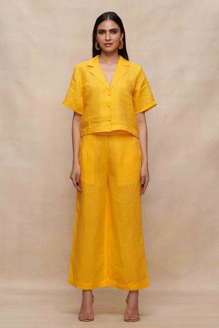 Shop_Gulabo By Abu Sandeep_Yellow Linen Collared Solid Crop Shirt _Online_at_Aza_Fashions