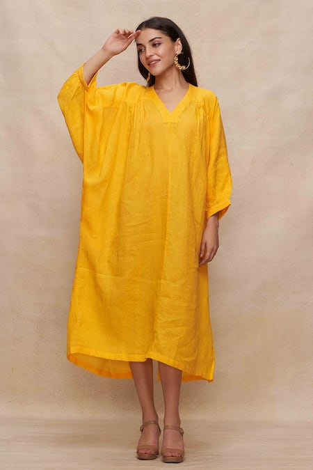 Buy_Gulabo By Abu Sandeep_Yellow Linen V-neck Solid Kaftan Dress _Online_at_Aza_Fashions