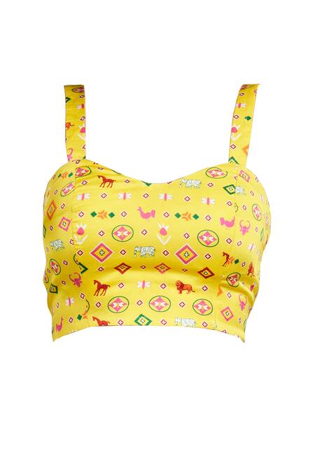 Shop Gulabo By Abu Sandeep Yellow Modal, Satin Embroidery Sweetheart Neck Geometric Print Blouse Online at Aza Fashions Shop_Gulabo By Abu Sandeep_Yellow Modal, Satin Embroidery Sweetheart Neck Geometric Print Blouse _Online_at_Aza_Fashions