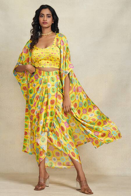 Gulabo By Abu Sandeep_Yellow Modal, Satin Open Neck Geometric Print Overlay _Online_at_Aza_Fashions