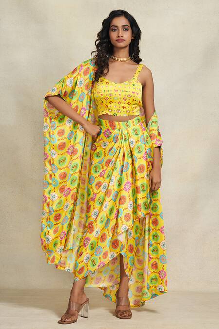 Buy_Gulabo By Abu Sandeep_Yellow Modal, Satin Open Neck Geometric Print Overlay _Online_at_Aza_Fashions