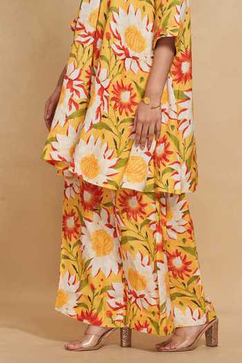 Gulabo By Abu Sandeep_Yellow 100% Linen Floral Print Flared Pant_Online_at_Aza_Fashions