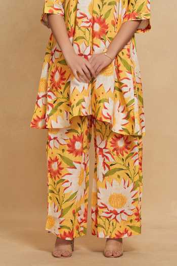 Buy_Gulabo By Abu Sandeep_Yellow 100% Linen Floral Print Flared Pant_Online_at_Aza_Fashions