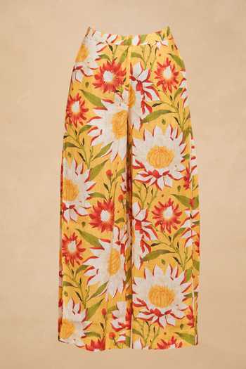 Shop_Gulabo By Abu Sandeep_Yellow 100% Linen Floral Print Flared Pant_Online_at_Aza_Fashions