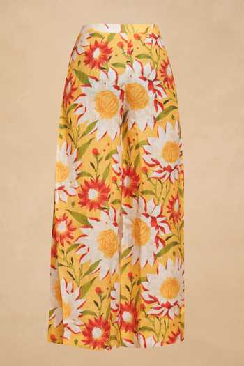 Gulabo By Abu Sandeep_Yellow 100% Linen Floral Print Flared Pant_at_Aza_Fashions