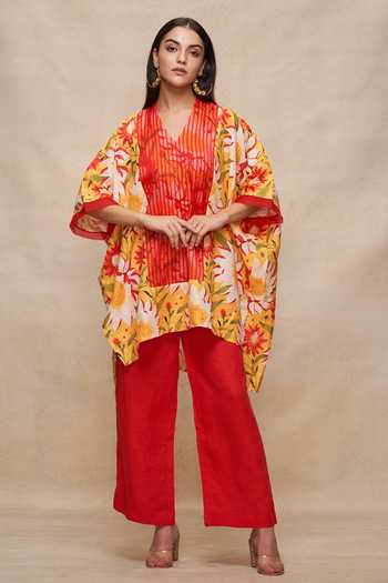 Buy Gulabo By Abu Sandeep Yellow 100% Linen Floral V-neck Print Short Kaftan Online at Aza Fashions Buy_Gulabo By Abu Sandeep_Yellow 100% Linen Floral V-neck Print Short Kaftan _Online_at_Aza_Fashions
