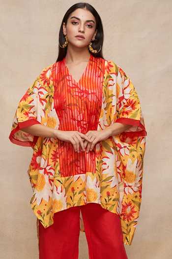 Shop Gulabo By Abu Sandeep Yellow 100% Linen Floral V-neck Print Short Kaftan Online at Aza Fashions Shop_Gulabo By Abu Sandeep_Yellow 100% Linen Floral V-neck Print Short Kaftan _Online_at_Aza_Fashions