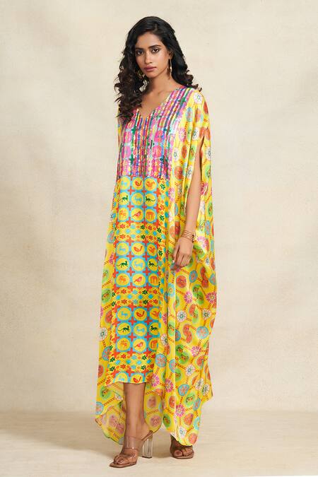 Gulabo By Abu Sandeep_Yellow Modal, Satin Sequins V-neck Printed Bodice Kaftan _Online_at_Aza_Fashions