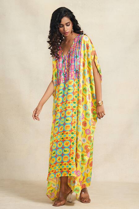 Buy_Gulabo By Abu Sandeep_Yellow Modal, Satin Sequins V-neck Printed Bodice Kaftan _Online_at_Aza_Fashions