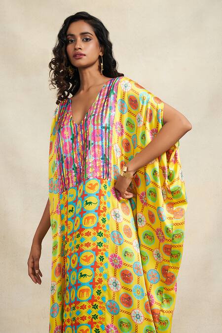Shop_Gulabo By Abu Sandeep_Yellow Modal, Satin Sequins V-neck Printed Bodice Kaftan _Online_at_Aza_Fashions