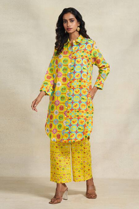 Buy_Gulabo By Abu Sandeep_Yellow Linen Sequins Shawl Neck Animal Print Long Shirt _Online_at_Aza_Fashions
