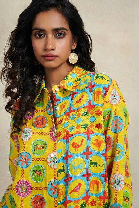 Shop_Gulabo By Abu Sandeep_Yellow Linen Sequins Shawl Neck Animal Print Long Shirt _Online_at_Aza_Fashions