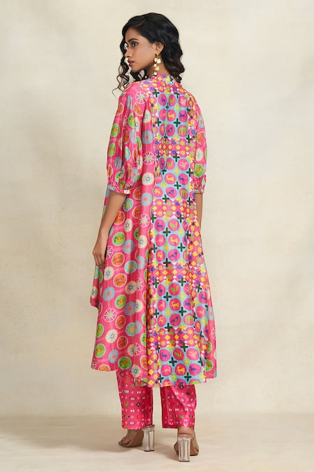 Shop_Gulabo By Abu Sandeep_Pink Chanderi Digital Printed Geometric Pant  _at_Aza_Fashions