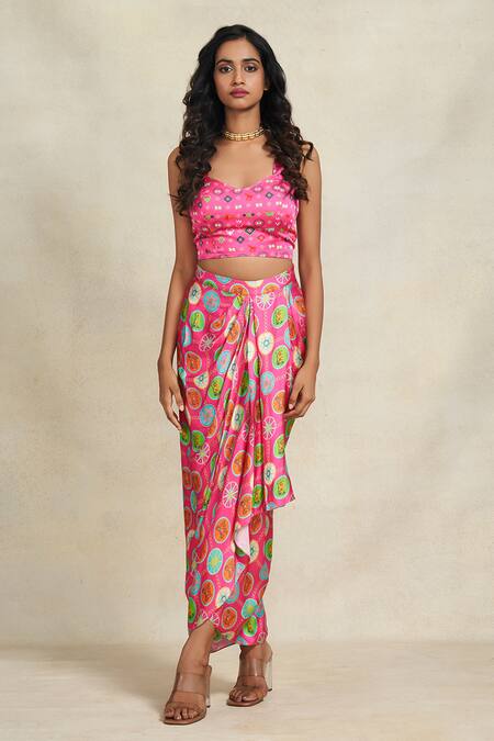 Gulabo By Abu Sandeep Pink Modal, Satin Diamond Print Strappy Blouse Online at Aza Fashions Gulabo By Abu Sandeep_Pink Modal, Satin Diamond Print Strappy Blouse _Online_at_Aza_Fashions