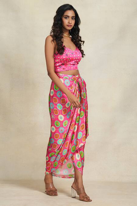 Shop Gulabo By Abu Sandeep Pink Modal, Satin Diamond Print Strappy Blouse Online at Aza Fashions Shop_Gulabo By Abu Sandeep_Pink Modal, Satin Diamond Print Strappy Blouse _Online_at_Aza_Fashions