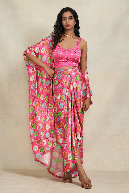 Gulabo by Abu Sandeep Pink Modal Satin Digital Printed Diamond Geometric Sarong Skirt  