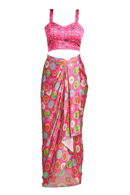 Gulabo By Abu Sandeep Pink Modal, Satin Geometric Print Sarong Skirt at Aza Fashions Gulabo By Abu Sandeep_Pink Modal, Satin Geometric Print Sarong Skirt _at_Aza_Fashions