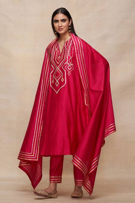Buy_Gulabo By Abu Sandeep_Pink 100% Pure Chanderi Silk Embellished Gota Embroidered A-line Kurta  _Online_at_Aza_Fashions