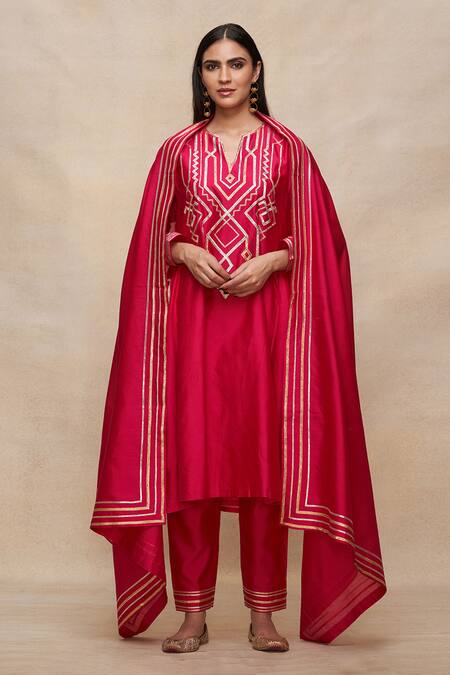 Shop_Gulabo By Abu Sandeep_Pink 100% Pure Chanderi Silk Embellished Gota Embroidered A-line Kurta  _Online_at_Aza_Fashions