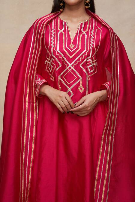 Gulabo By Abu Sandeep_Pink 100% Pure Chanderi Silk Embellished Gota Embroidered A-line Kurta  _at_Aza_Fashions