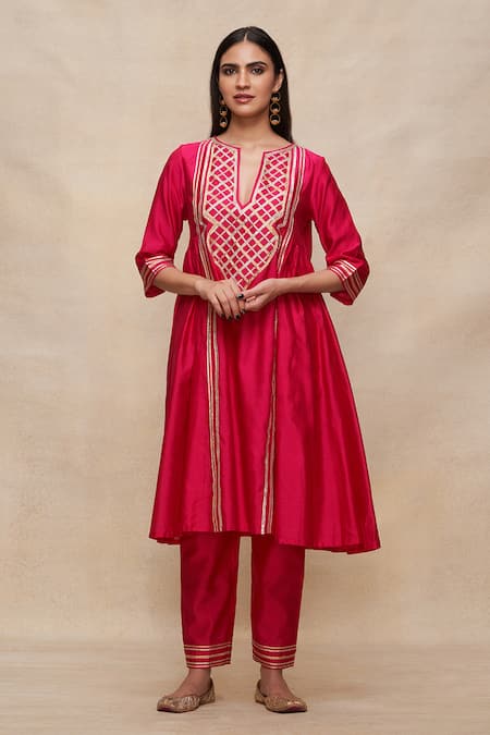 Gulabo by Abu Sandeep Pink 100% Pure Chanderi Silk Embroidered Gota Notched Gathered Kurta  