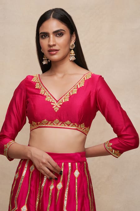 Gulabo By Abu Sandeep Pink Chanderi Embroidered Gota V Neck Border Blouse 
