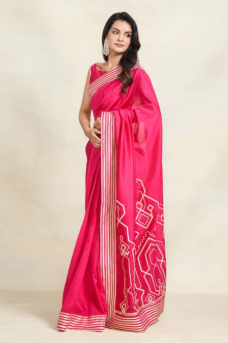 Shop Gulabo By Abu Sandeep Pink 100% Pure Chanderi Silk Embroidered Gota Border Saree at Aza Fashions Shop_Gulabo By Abu Sandeep_Pink 100% Pure Chanderi Silk Embroidered Gota Border Saree _at_Aza_Fashions