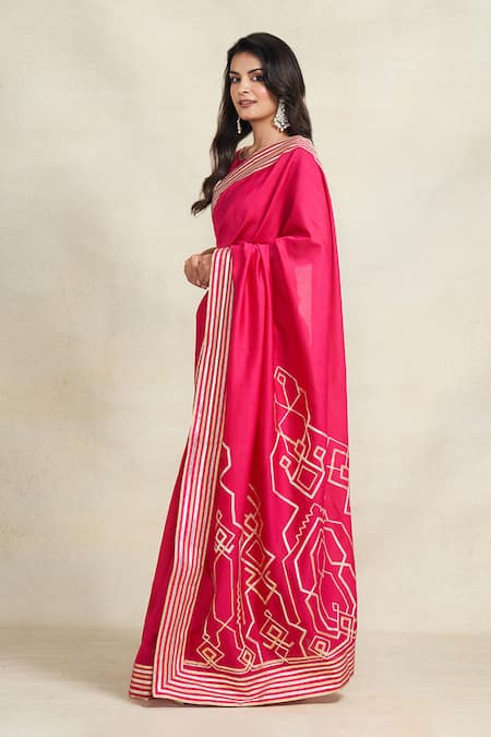 Gulabo By Abu Sandeep Pink 100% Pure Chanderi Silk Embroidered Gota Border Saree Online at Aza Fashions Gulabo By Abu Sandeep_Pink 100% Pure Chanderi Silk Embroidered Gota Border Saree _Online_at_Aza_Fashions