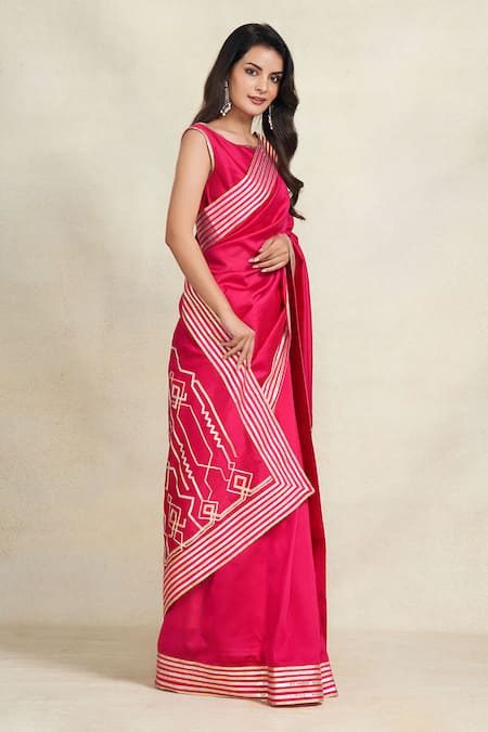 Shop Gulabo By Abu Sandeep Pink 100% Pure Chanderi Silk Embroidered Gota Border Saree Online at Aza Fashions Shop_Gulabo By Abu Sandeep_Pink 100% Pure Chanderi Silk Embroidered Gota Border Saree _Online_at_Aza_Fashions