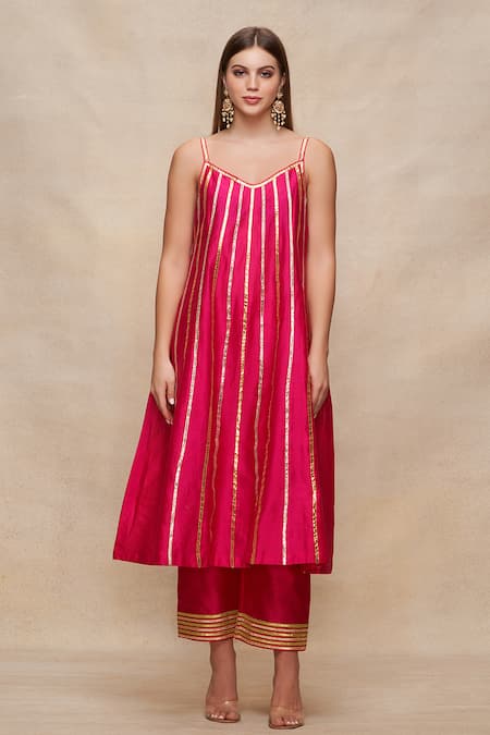 Gulabo by Abu Sandeep Chanderi Stripe Embroidered Slip Dress 