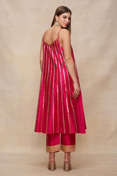 Gulabo By Abu Sandeep Chanderi Stripe Embroidered Slip Dress 