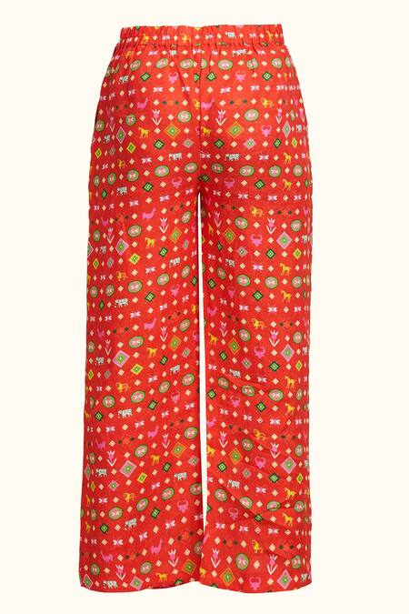 Gulabo By Abu Sandeep Red Chanderi Digital Printed Diamond Geometric Pant at Aza Fashions Gulabo By Abu Sandeep_Red Chanderi Digital Printed Diamond Geometric Pant _at_Aza_Fashions
