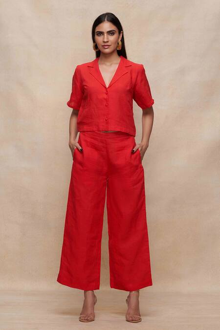 Gulabo By Abu Sandeep_Red Linen Collared Cropped Shirt _Online_at_Aza_Fashions