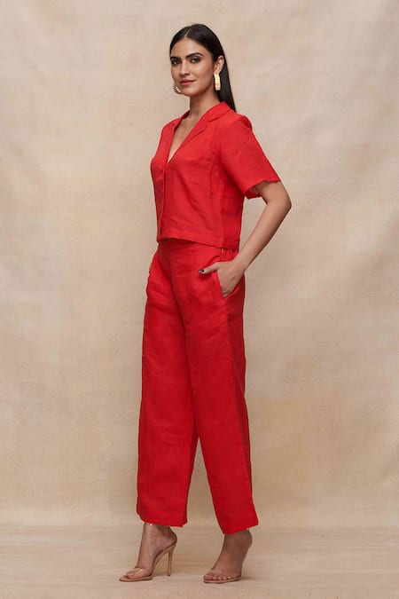 Buy_Gulabo By Abu Sandeep_Red Linen Collared Cropped Shirt _Online_at_Aza_Fashions
