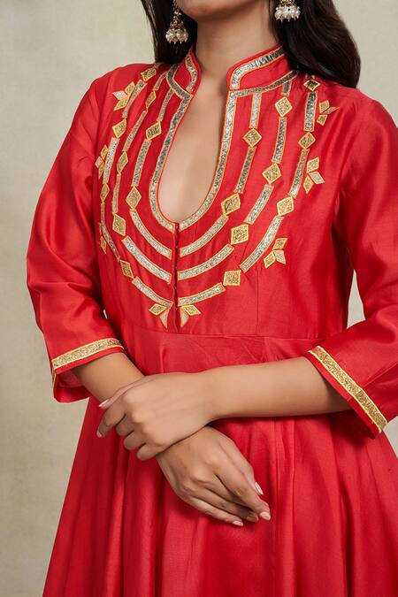 Buy_Gulabo By Abu Sandeep_Red Chanderi Embroidered Gota Mandarin Collar Work Anarkali  _Online_at_Aza_Fashions