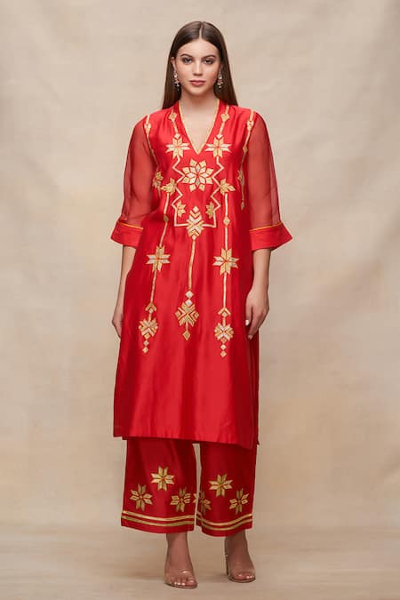 Gulabo by Abu Sandeep Red Chanderi Embroidered Gota Work Kurta  