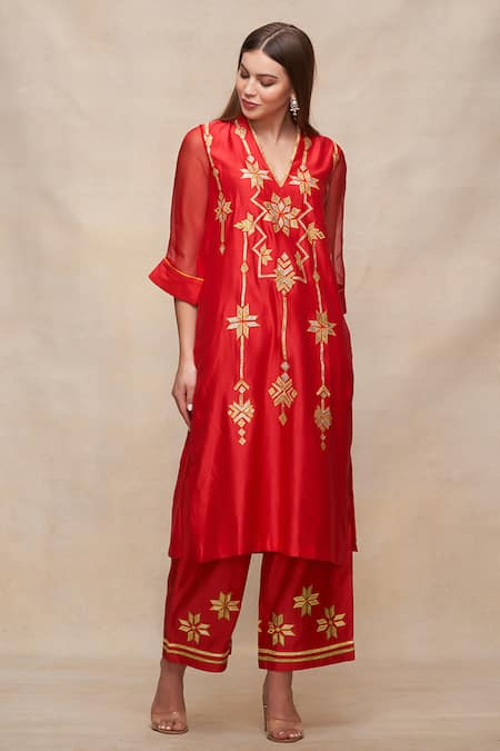 Buy_Gulabo By Abu Sandeep_Red Chanderi Embroidered Gota Work Kurta  _Online_at_Aza_Fashions