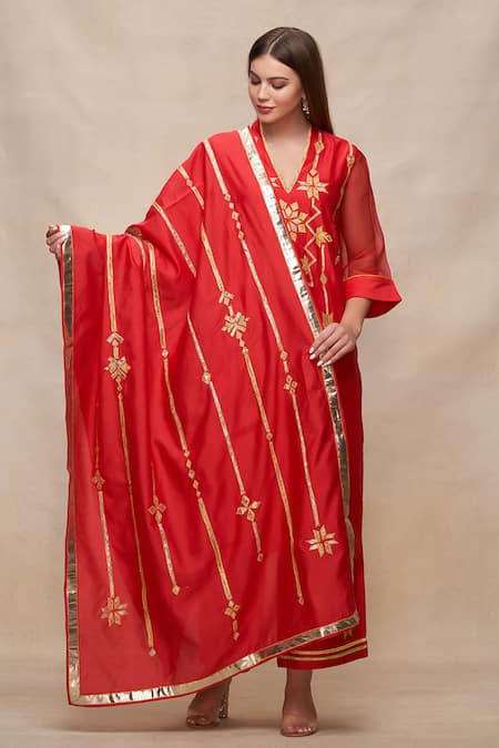 Gulabo By Abu Sandeep_Red Chanderi Embroidered Gota Work Kurta  _at_Aza_Fashions