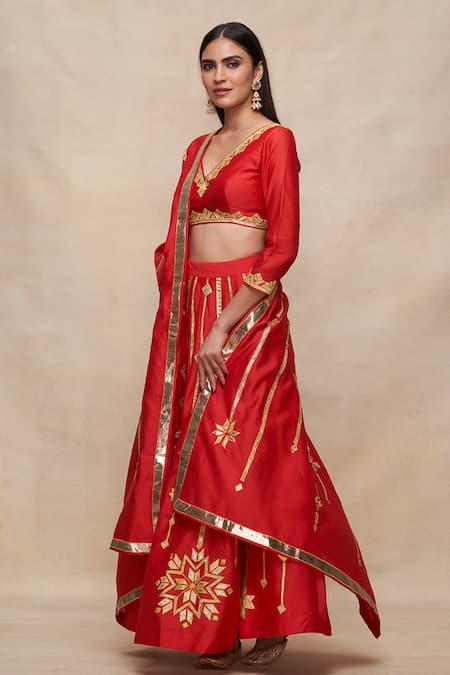Shop Gulabo By Abu Sandeep Red Chanderi Gota Patti Geometric Pattern Lehenga at Aza Fashions Shop_Gulabo By Abu Sandeep_Red Chanderi Gota Patti Geometric Pattern Lehenga _at_Aza_Fashions
