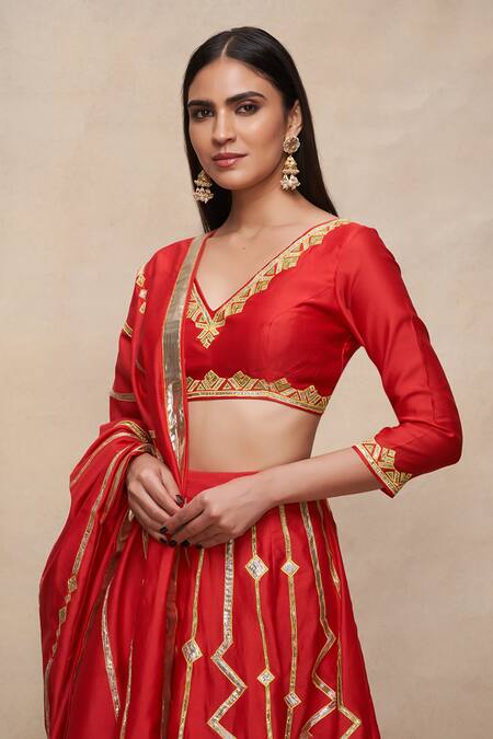 Shop Gulabo By Abu Sandeep Red Chanderi Gota Patti Geometric Pattern Lehenga Online at Aza Fashions Shop_Gulabo By Abu Sandeep_Red Chanderi Gota Patti Geometric Pattern Lehenga _Online_at_Aza_Fashions
