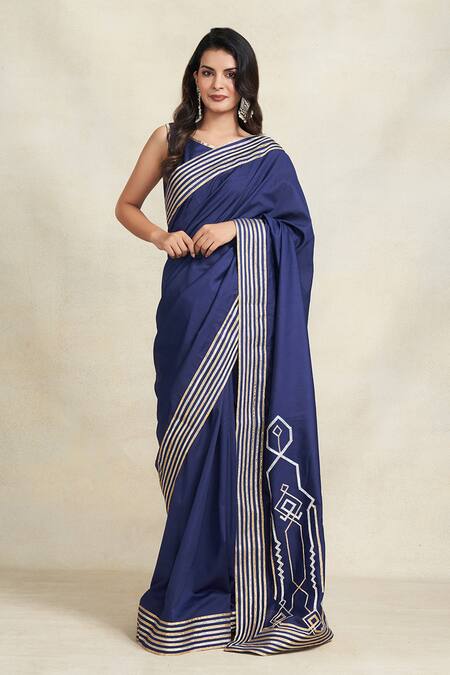 Buy_Gulabo By Abu Sandeep_Blue 100% Pure Chanderi Silk Embellished Gota Saree  _Online_at_Aza_Fashions
