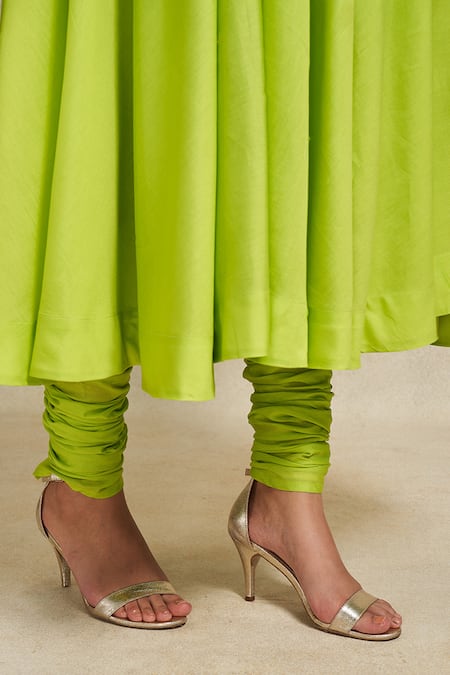 Gulabo By Abu Sandeep_Green Chanderi Plain Gathered Churidar  _Online_at_Aza_Fashions