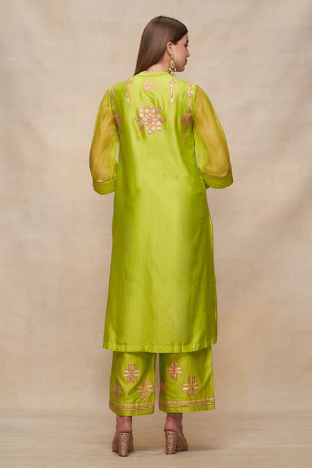 Shop Gulabo By Abu Sandeep Green Chanderi Embellished Gota V Neck Kurta at Aza Fashions Shop_Gulabo By Abu Sandeep_Green Chanderi Embellished Gota V Neck Kurta _at_Aza_Fashions